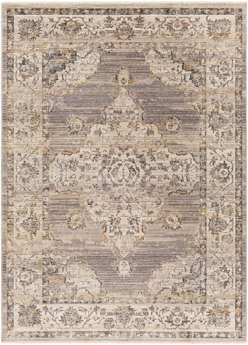 Close-up of a Cream Brown Zola Area Rug with a traditional floral pattern in beige, tan, gray, and charcoal hues. Design-Rectangle-579