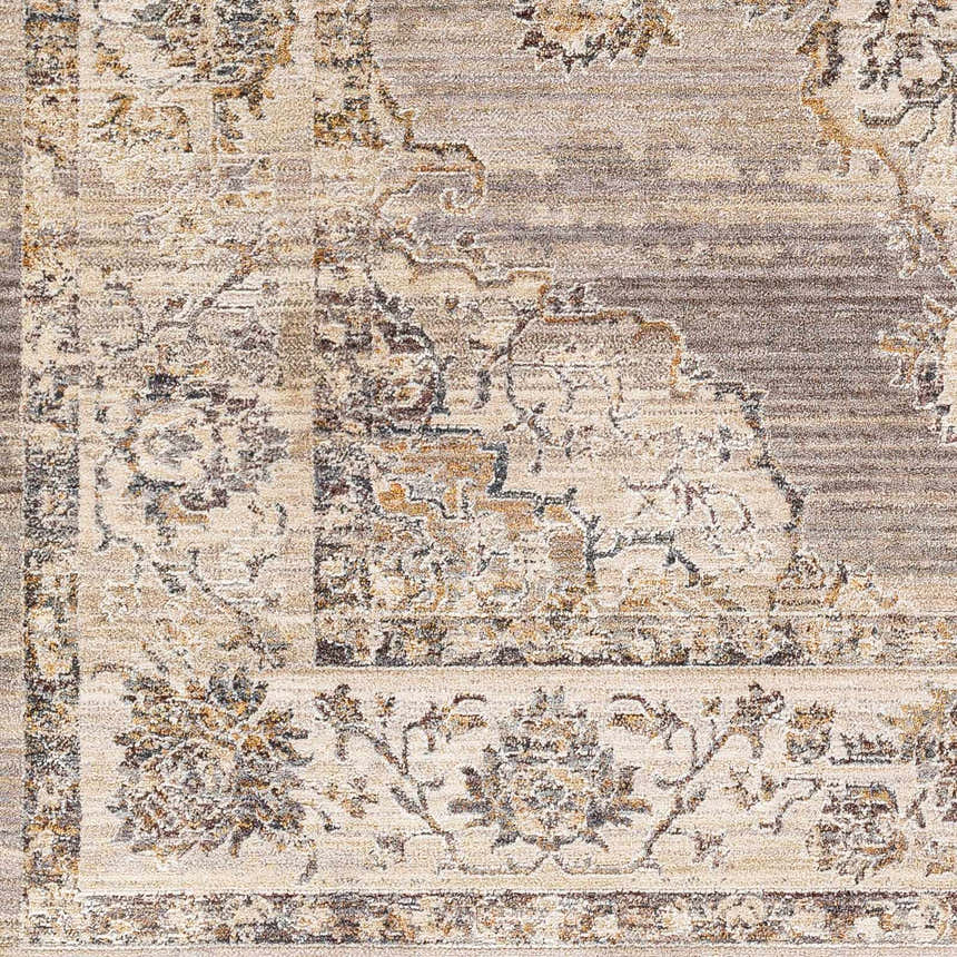 Close-up of the Cream Brown Zola Area Rug, showcasing its traditional floral pattern and neutral beige, brown, and gray color palette. Swatch