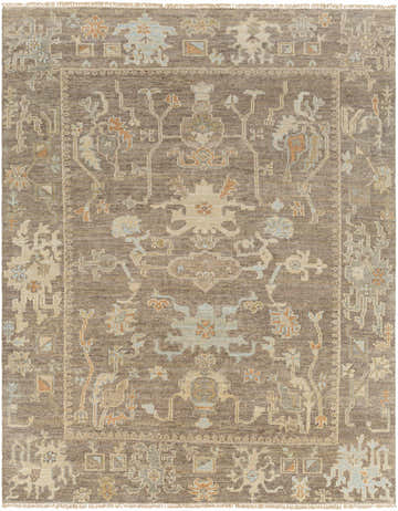 Detailed texture of the hand-knotted Berke Area Rug in brown, sage, gray, and off-white wool. Design-Rectangle-810
