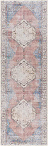 Close-up of the Sacriston Washable Area Rug. Bohemian style rug in aqua, rose, and tan with an oriental-inspired design. Design-Runner-27710