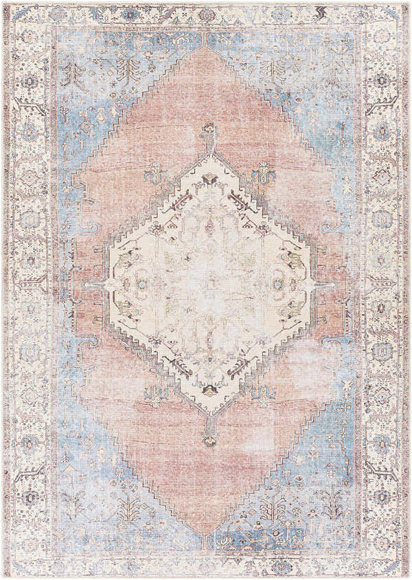 Close-up of the Sacriston Washable Area Rug, showcasing its bohemian-inspired design with aqua, rose, and light gray hues. Design-Rectangle-5373