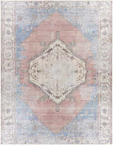 Detailed view of the Sacriston Washable Area Rug, featuring a traditional design in aqua, rose, and tan hues. Design-Rectangle-710102