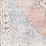Close-up of the Sacriston Washable Area Rug. Features a traditional design with aqua, blue, and tan colors. Swatch
