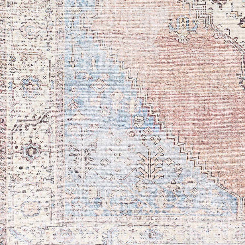 Close-up of the Sacriston Washable Area Rug. Features a traditional design with aqua, blue, and tan colors. Swatch