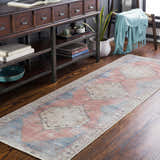 Entryway with Sacriston Washable Area Rug runner in aqua, rose, and tan colors, styled with a console table and wood floors. Roomscene-Runner