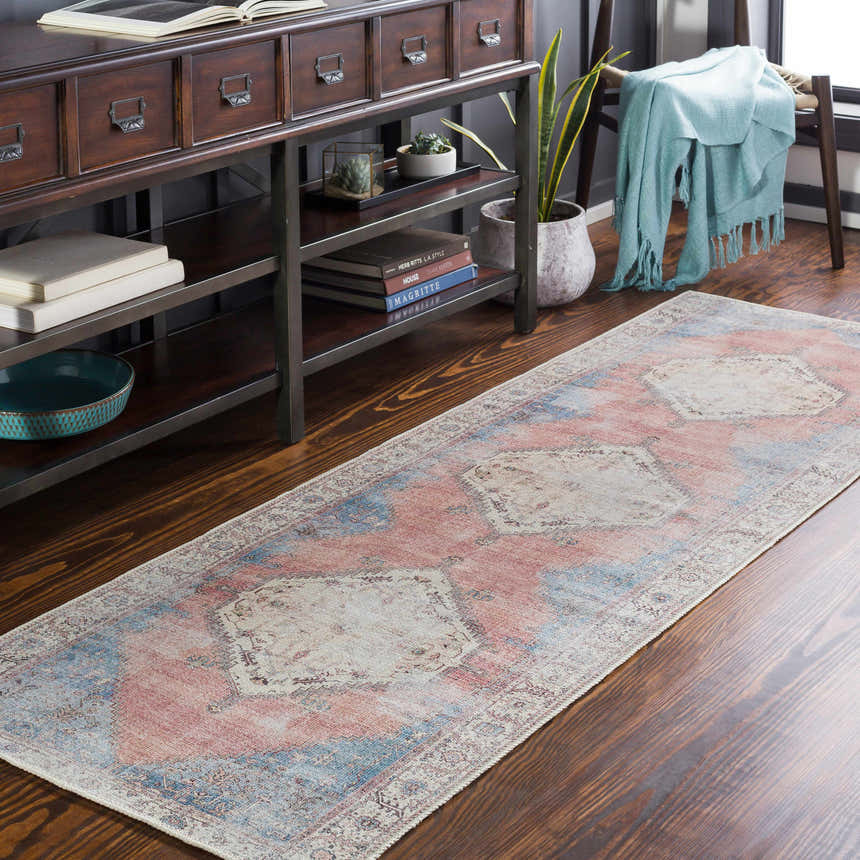 Entryway with Sacriston Washable Area Rug runner in aqua, rose, and tan colors, styled with a console table and wood floors. Roomscene-Runner