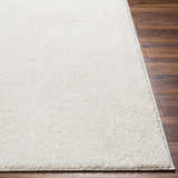 Close-up of the off-white Judy Washable Area Rug showing its plush shag texture on dark wood flooring. Front