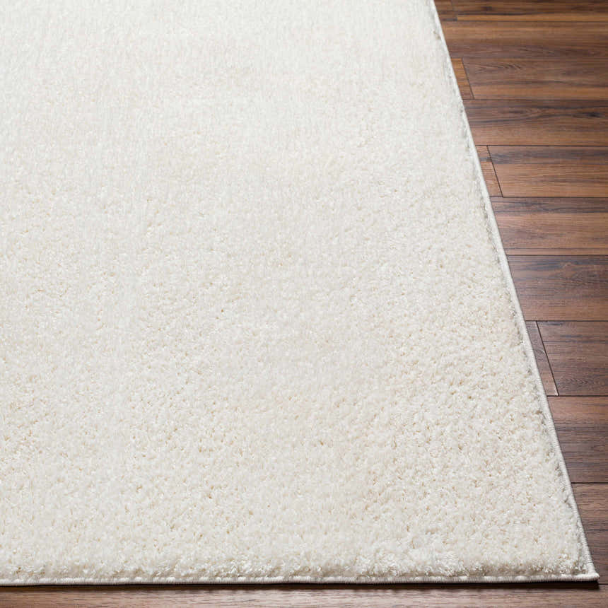Close-up of the off-white Judy Washable Area Rug showing its plush shag texture on dark wood flooring. Front