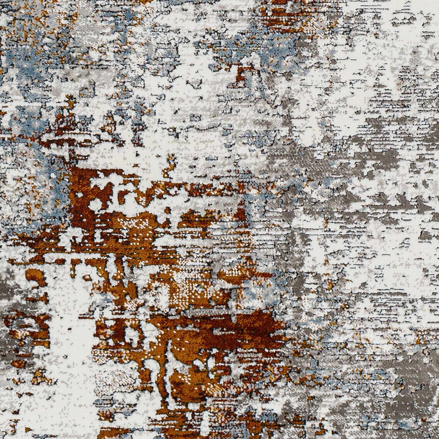 Close-up of the Ansel Area Rug. Contemporary design with rust, gray, ivory, and navy abstract pattern. Swatch