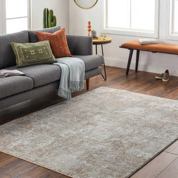 Living room with gray sofa and Bruna Area Rug in cloud gray and ivory on dark wood floor. Roomscene-Rectangle