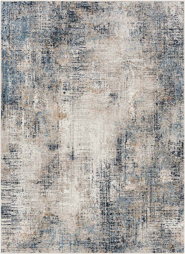Close-up of the Ervin Blue Area Rug, featuring a distressed abstract pattern in ivory, navy, brown, and gray tones. Design-Rectangle-5373