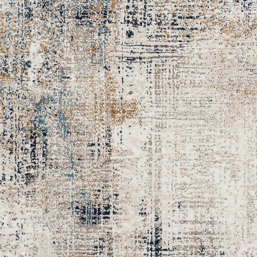 Close-up of the Ervin Blue Area Rug, showcasing its abstract pattern in ivory, navy, brown, and gray hues. Swatch