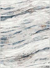 Close-up of the Glain Gray & Blue Marble Area Rug. Features an abstract, swirling marble-like pattern in gray, blue, and brown tones. Design-Rectangle-5373