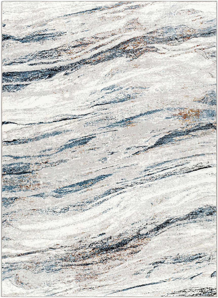 Close-up of the Glain Gray & Blue Marble Area Rug. Features an abstract, swirling marble-like pattern in gray, blue, and brown tones. Design-Rectangle-5373