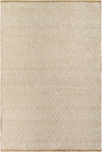 Close-up of the Inoke Area Rug. Hand-woven wool rug in lambswool and light brown with a subtle grid pattern. Design-Rectangle-576
