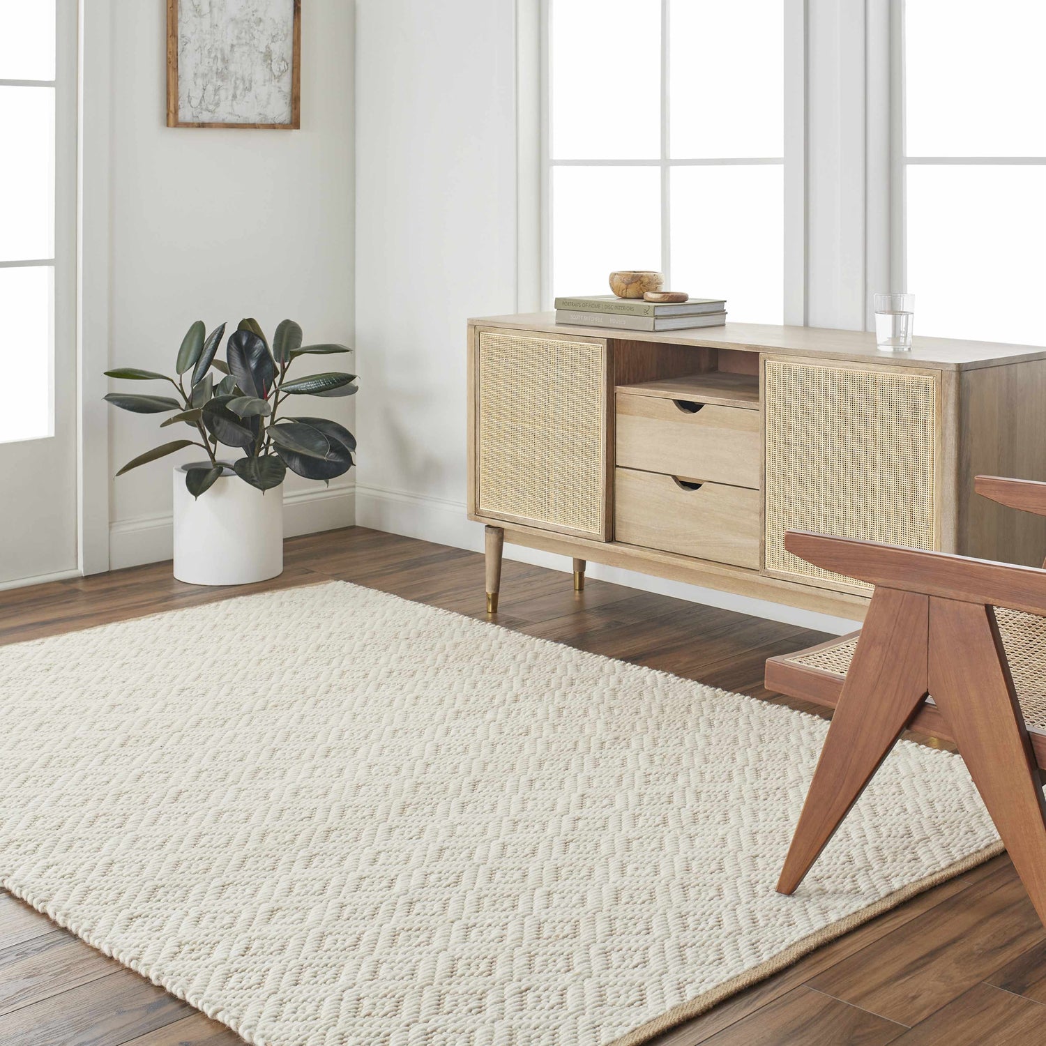 Living room scene with a beige Irela Area Rug, wood floors, and a rattan cabinet. Roomscene-Rectangle