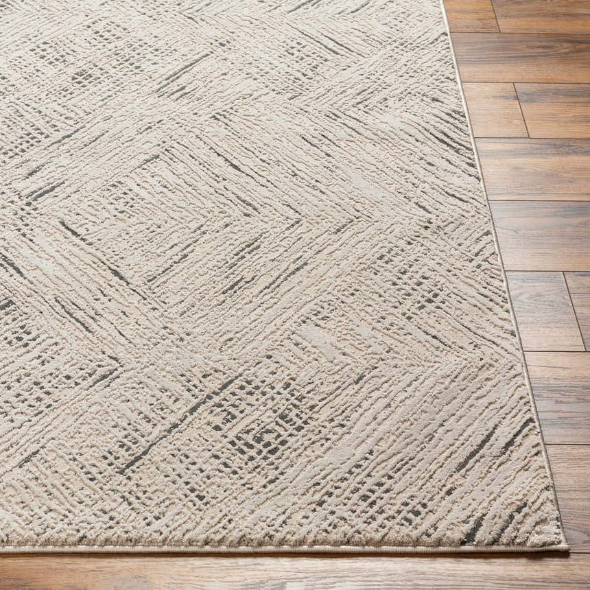 Close up of a Beige Garza Diamond Textured Washable Rug showing the diamond pattern and soft texture. Front