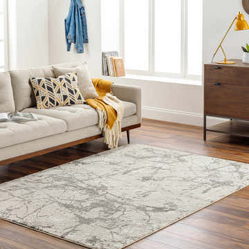Living room scene with a beige sofa and Ianto Gray Marble Washable Area Rug on a wood floor. Modern, neutral tones. Roomscene-Rectangle