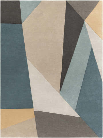 Close-up of the Salida Modern Wool Rug featuring geometric shapes in charcoal, sage, taupe, and gray tones. Design-Rectangle-811