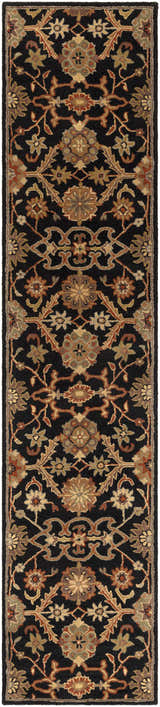 Close up of the Salix Hand Tufted Black Wool Rug, featuring a traditional floral pattern in brick red, tan, and olive tones. Design-Runner-310