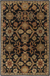 Detailed view of the Salix Hand Tufted Black Wool Rug with floral pattern in brick red, camel, mustard, and sage tones. Design-Rectangle-576