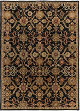 Close-up of the Salix Hand Tufted Black Wool Rug featuring a traditional floral pattern in black, tan, rust, and gold tones. Design-Rectangle-811