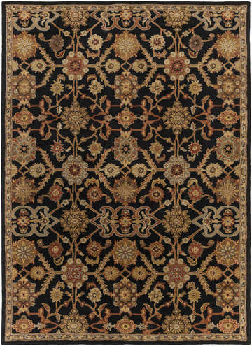Close-up of the Salix Hand Tufted Black Wool Rug featuring a traditional floral pattern in black, tan, rust, and gold tones. Design-Rectangle-811