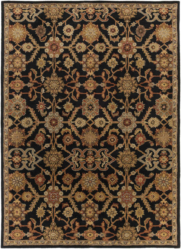 Close-up of the Salix Hand Tufted Black Wool Rug featuring a traditional floral pattern in black, tan, rust, and gold tones. Design-Rectangle-811