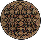 Close-up of a round Salix Hand Tufted Black Wool Rug, featuring a floral pattern in brick red, camel, and mustard tones. Design-Round-8