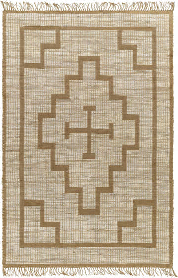 Close-up of the hand woven Liana Jute Rug. Features a geometric pattern in ash and camel tones with fringe detail. Design-Rectangle-576