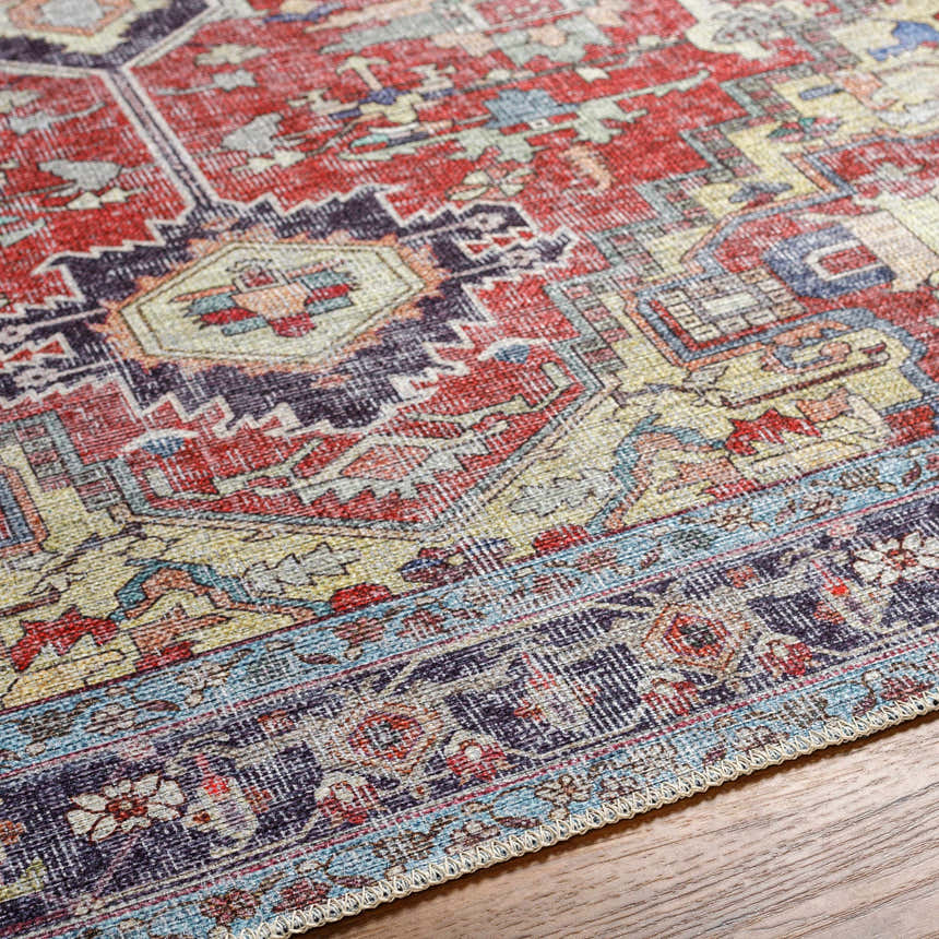 Close-up of the Reza Red Washable Rug showing its traditional, farmhouse design and multi brown, garnet, and bone colors. Texture