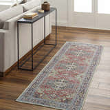 Living room scene with Reza Red Washable Rug runner, bone sofa, and wood floors. Farmhouse style. Roomscene-Runner
