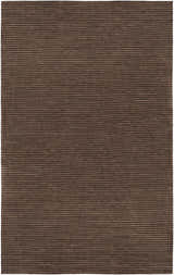 Close-up of the Sanatoga Area Rug. Hand-knotted wool and viscose rug with a horizontal stripe pattern in brown and tan. Design-Rectangle-58