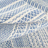 Close-up of the Sanc Blue/Cream rug showing the flatweave texture and geometric pattern in blue and cream wool. Fold