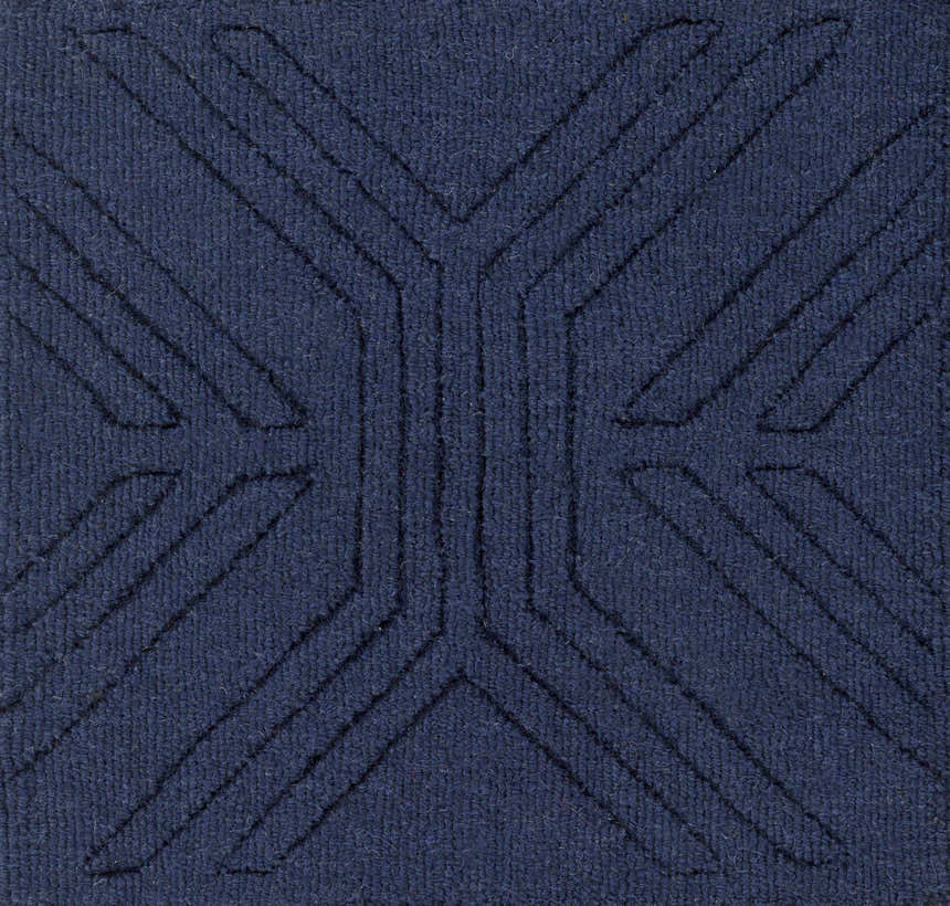Close-up of the dark blue Sarona Area Rug showing its hand-loomed texture and contemporary striped design. Swatch