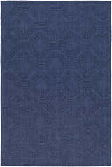 Close-up of the hand-loomed Sarona Area Rug. Dark blue wool rug with a contemporary geometric diamond pattern. Design-Rectangle-576