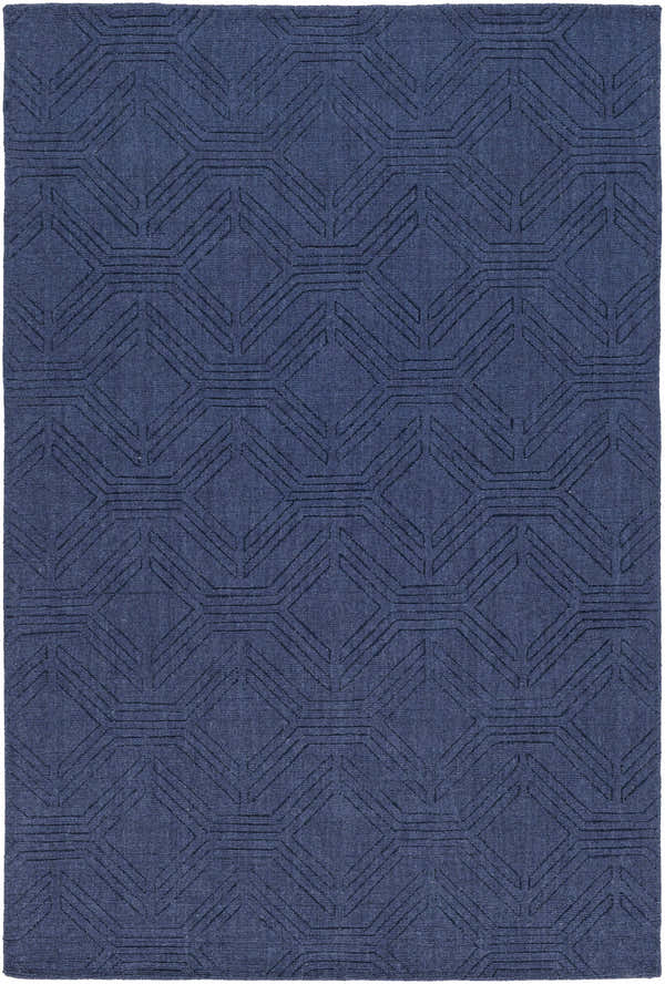 Close-up of the hand-loomed Sarona Area Rug. Dark blue wool rug with a contemporary geometric diamond pattern. Design-Rectangle-576