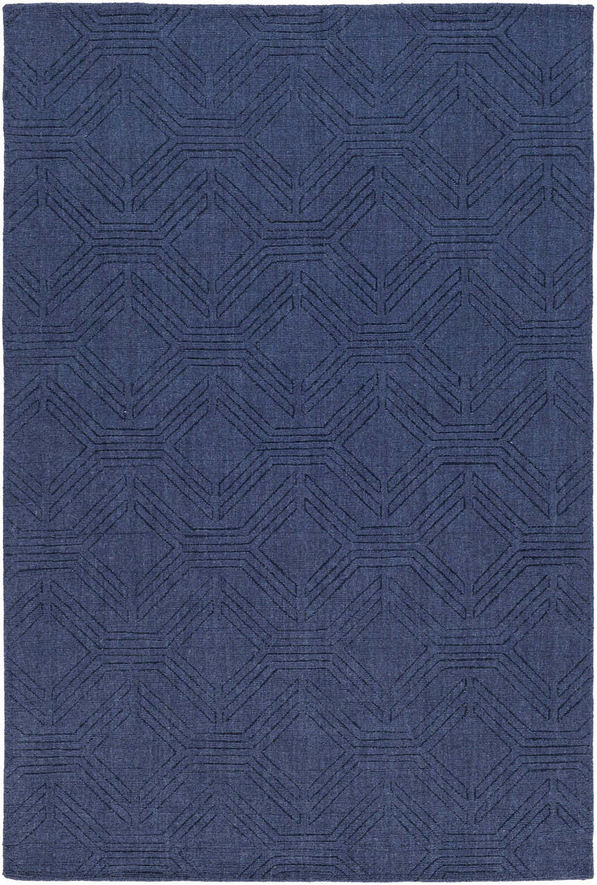 Close-up of the hand-loomed Sarona Area Rug. Dark blue wool rug with a contemporary geometric diamond pattern. Design-Rectangle-576