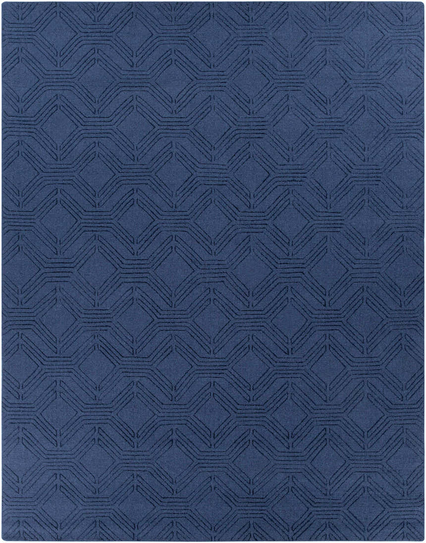Close-up of the hand-loomed Sarona Area Rug. Dark blue wool rug with a contemporary geometric pattern. Design-Rectangle-810