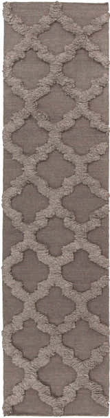 Close-up of the Saulsville Area Rug. Charcoal wool runner with a raised, textured geometric lattice pattern. Hand woven shag rug. Design-Runner-268