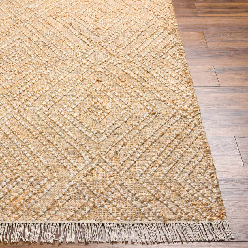 Close-up of beige Dunne Area Rug showing jute texture, diamond pattern, and fringe detail on a wood floor. Front
