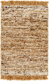 Close-up of the Tan Gopi Area Rug. Hand-woven jute and wool rug with a textured, nubby design in tan, taupe, and black. Design-Rectangle-23