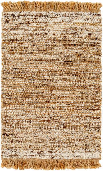 Close-up of the Tan Gopi Area Rug. Hand-woven jute and wool rug with a textured, nubby design in tan, taupe, and black. Design-Rectangle-23