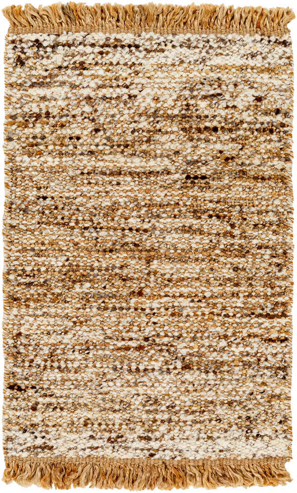 Close-up of the Tan Gopi Area Rug. Hand-woven jute and wool rug with a textured, nubby design in tan, taupe, and black. Design-Rectangle-23