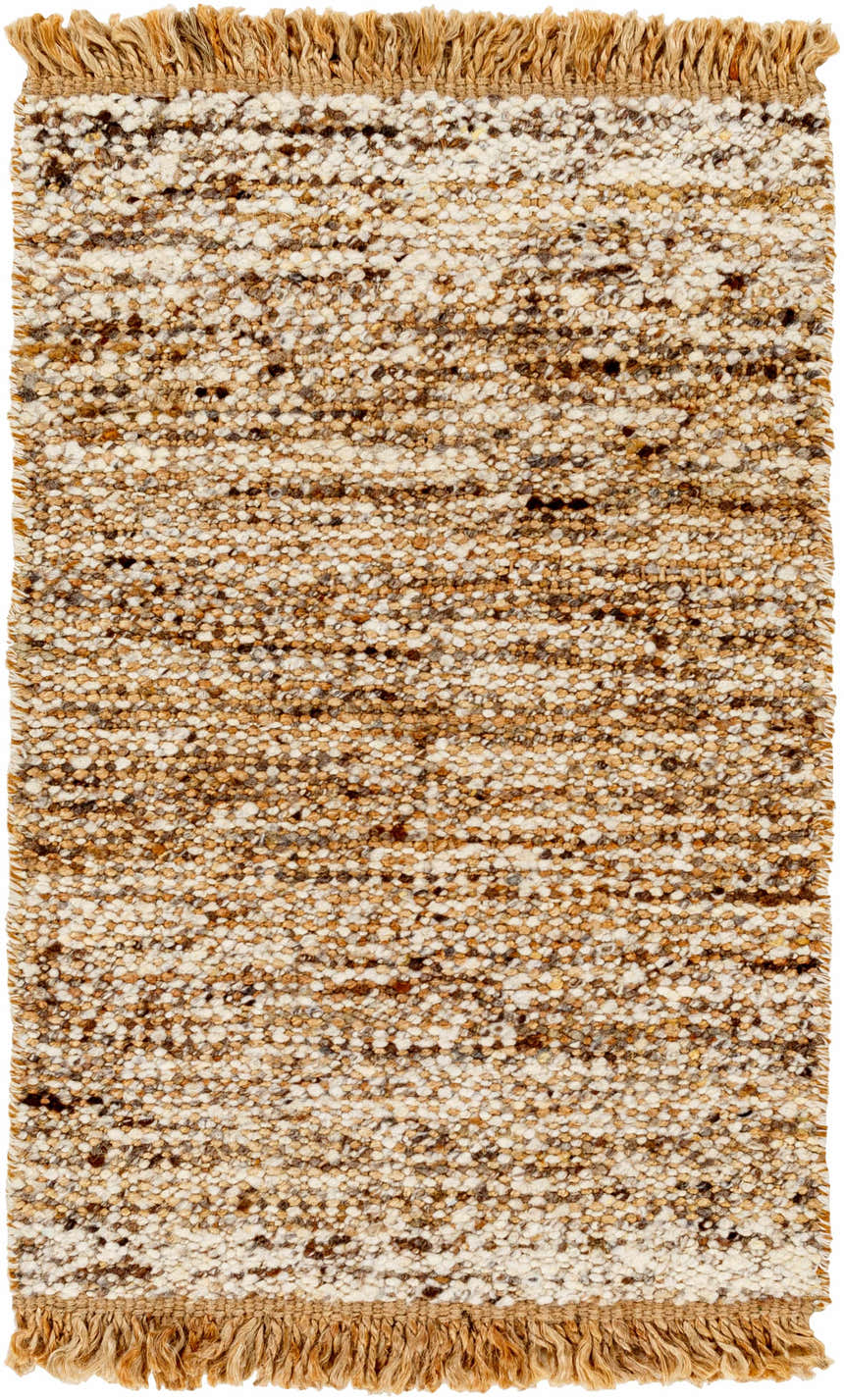 Close-up of the Tan Gopi Area Rug. Hand-woven jute and wool rug with a textured, nubby design in tan, taupe, and black. Design-Rectangle-23