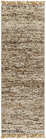 Close-up of the hand woven Tan Gopi Area Rug. Jute and wool rug with black, tan, and taupe hues and tasseled edges. Design-Runner-268