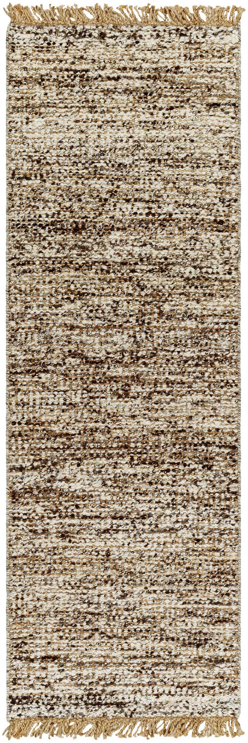 Close-up of the hand woven Tan Gopi Area Rug. Jute and wool rug with black, tan, and taupe hues and tasseled edges. Design-Runner-268