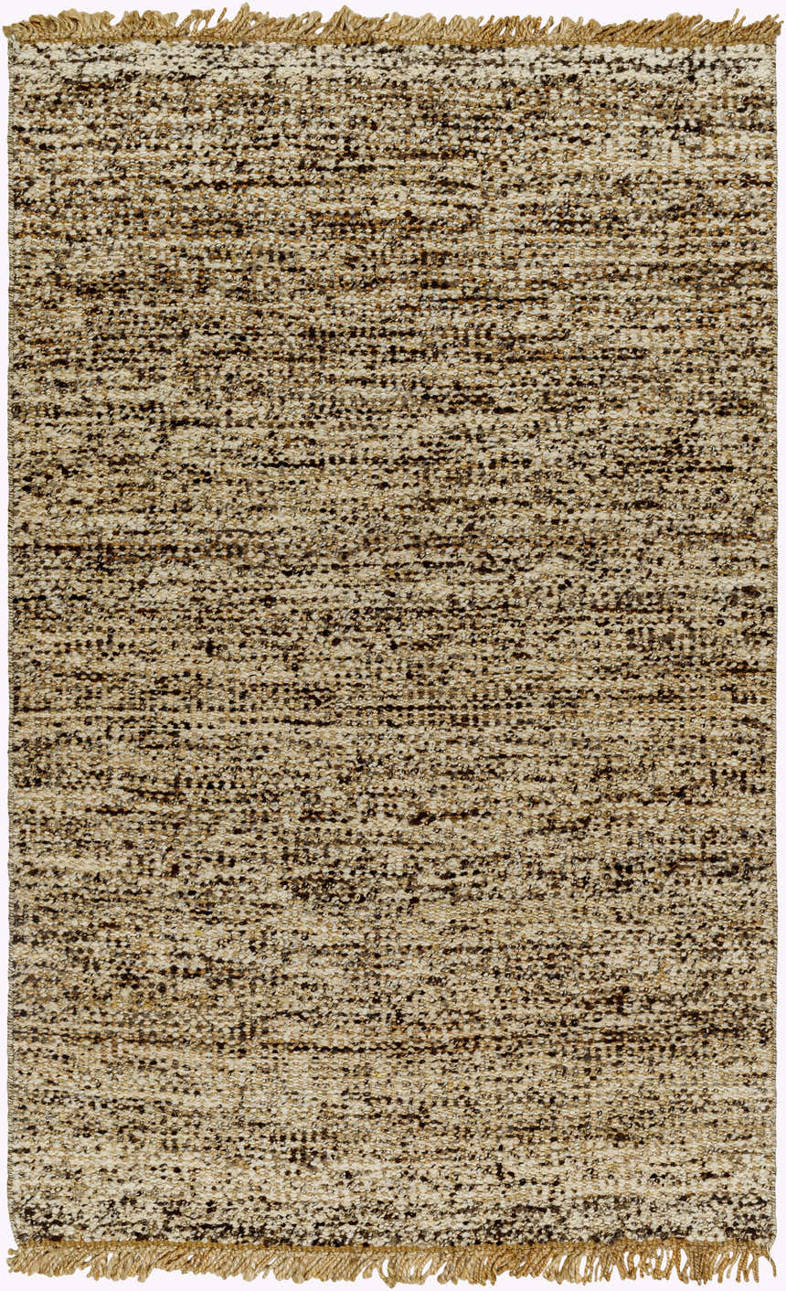Close-up of the Tan Gopi Area Rug. Tan, taupe, and black fibers create a textured, hand-woven design with fringe. Design-Rectangle-4117
