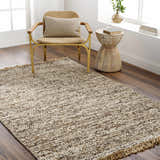 Living room scene with a Tan Gopi Area Rug, woven chair, and wood accent table creating a neutral, textured, and inviting space. Roomscene-Rectangle