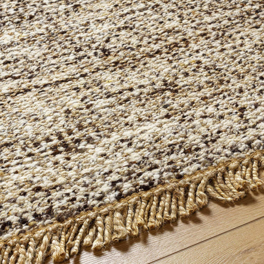 Close-up of the Tan Gopi Area Rug showing its jute and wool texture, neutral colors, and hand-woven fringe detail. Texture
